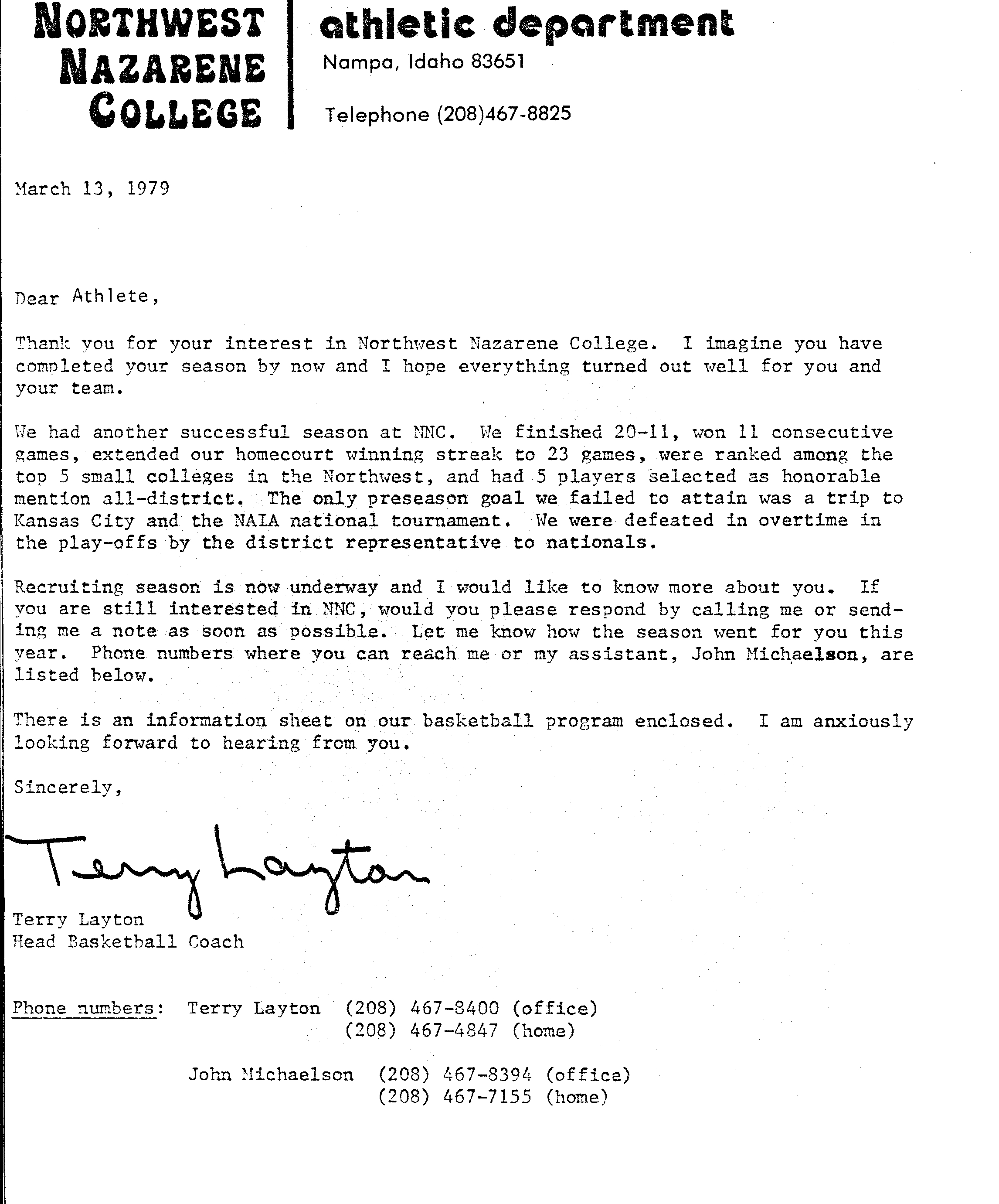 Northwest Nazarene College Letter