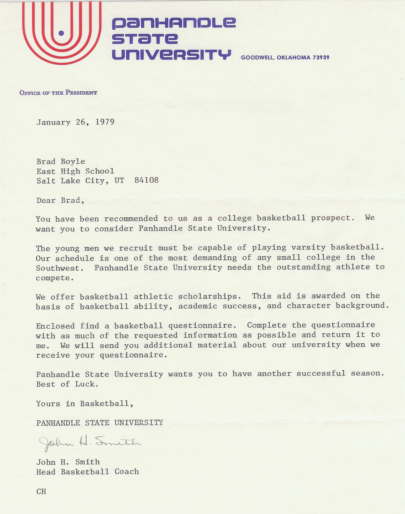 Panhandle State College Letter