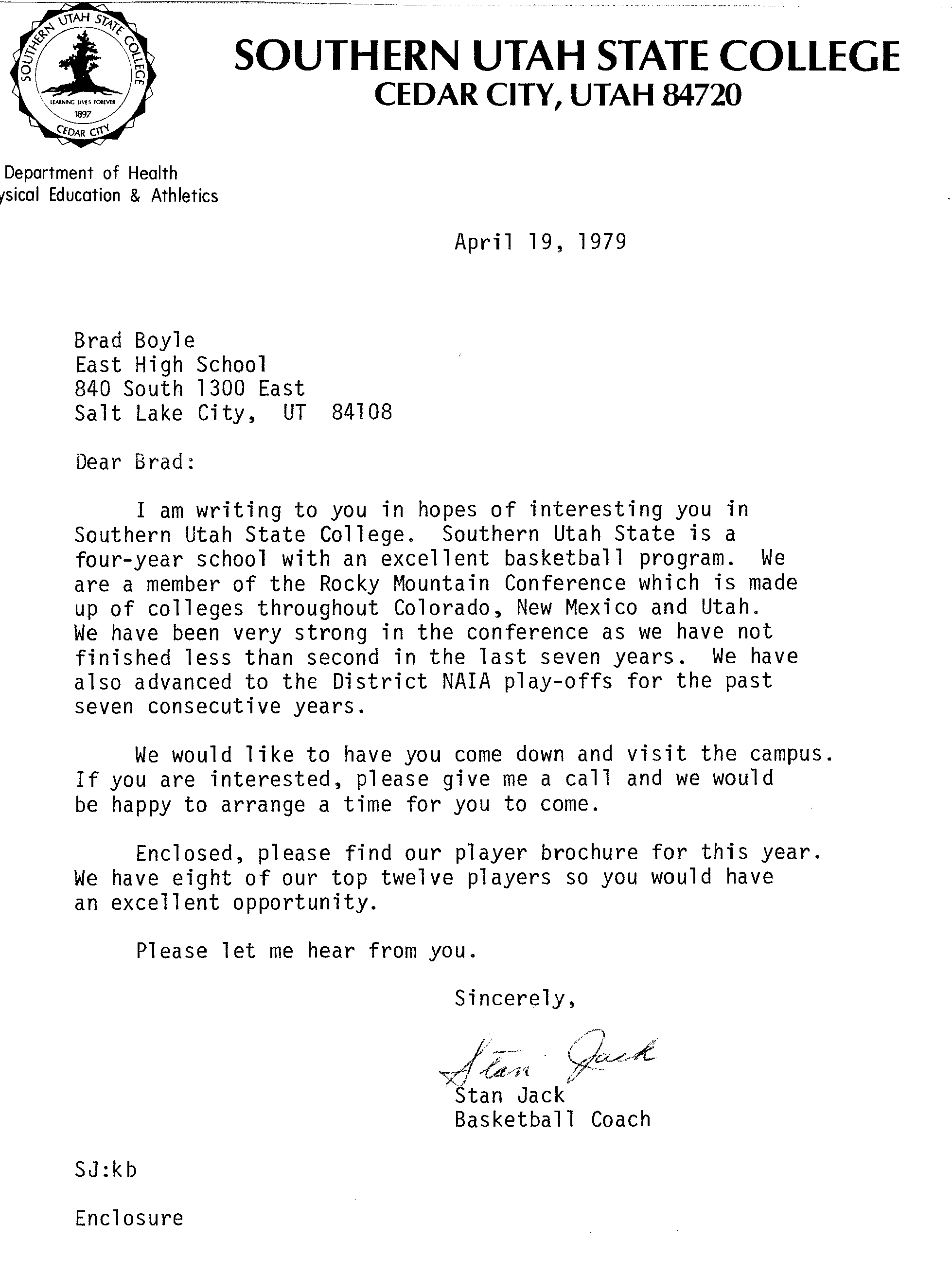 Southern Utah State College Letter