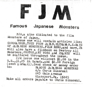 Famous Japanese Monsters advertisement from Japanese Giants Fan Letter Issue 8