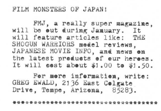 Film Monsters of Japan advertisement from Japanese Giants Fan Letter Issue 7